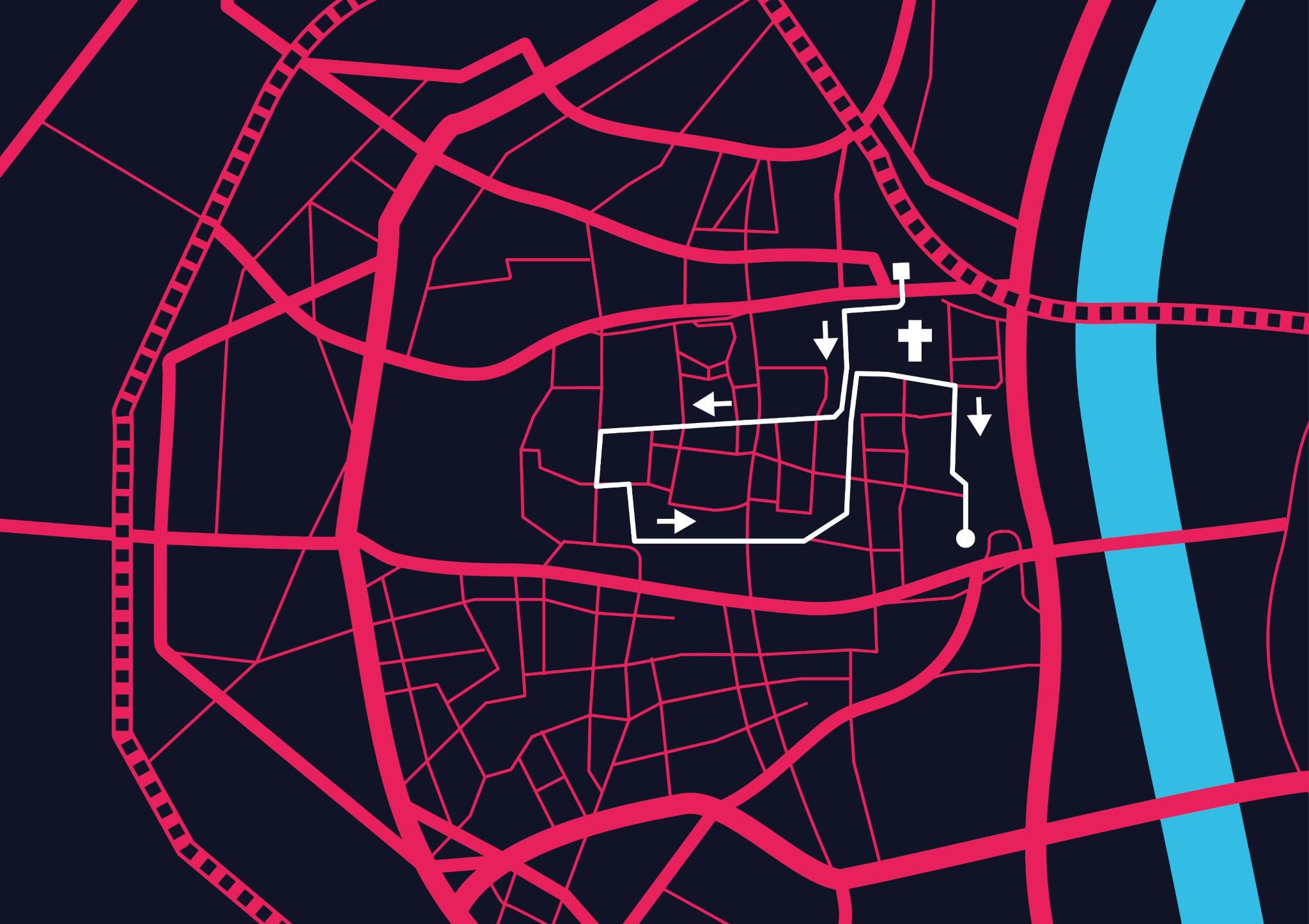 Stilisierte Stadtkarte von Köln mit pinkfarbenem Straßennetz auf dunklem Hintergrund, rechts der Rhein als blauer Fluss; eine weiße Route mit Pfeilen führt durch die Straßen zum Kölner Dom markiert mit Kreuzsymbol.